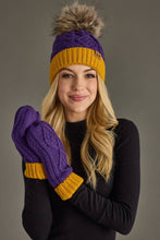 Load image into Gallery viewer, Purple &amp; Gold Trim Cable Knit Pom Hat