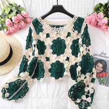 Load image into Gallery viewer, Crosa - Color Block Hollow Knit Long Sleeve Top - One Size