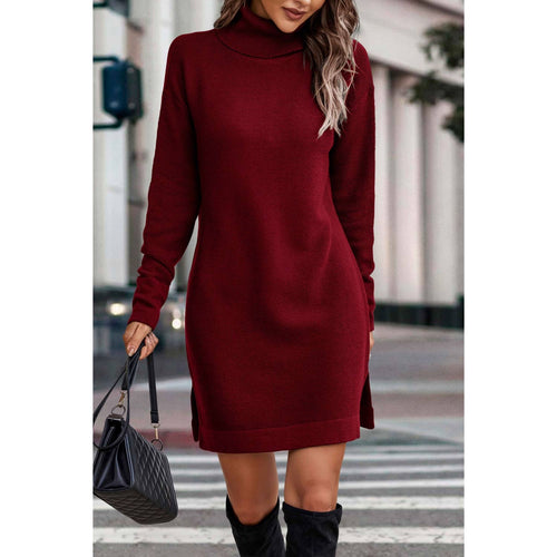Roll Neck Knit Solid Sweater Dress - WINE