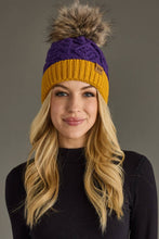Load image into Gallery viewer, Purple &amp; Gold Trim Cable Knit Pom Hat
