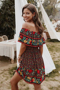 Boho Print Cut Ruffle Accented Pleated Short Dress
