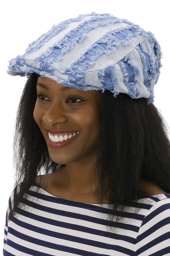 Distressed Stripe Denim Patchwork Flat Ivy Cap