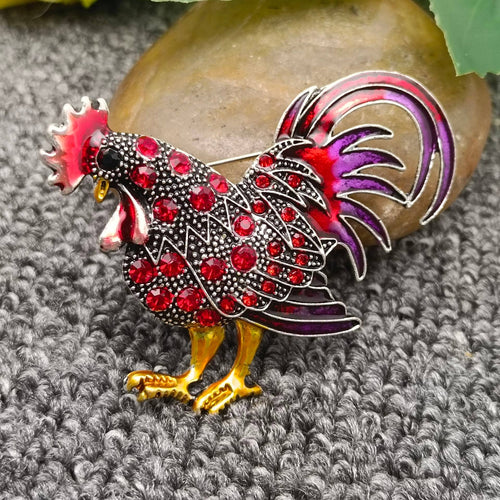 Red Rhinestone Enamel Rooster Brooch
