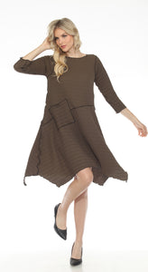 Olive - Waffle Solid L/S Crew Neck Dress with Sharkbite Hem