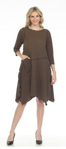 Olive - Waffle Solid L/S Crew Neck Dress with Sharkbite Hem
