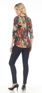 Red Oak Pattern- VNeck Top with 3/4 sleeve and Dolphin Hem