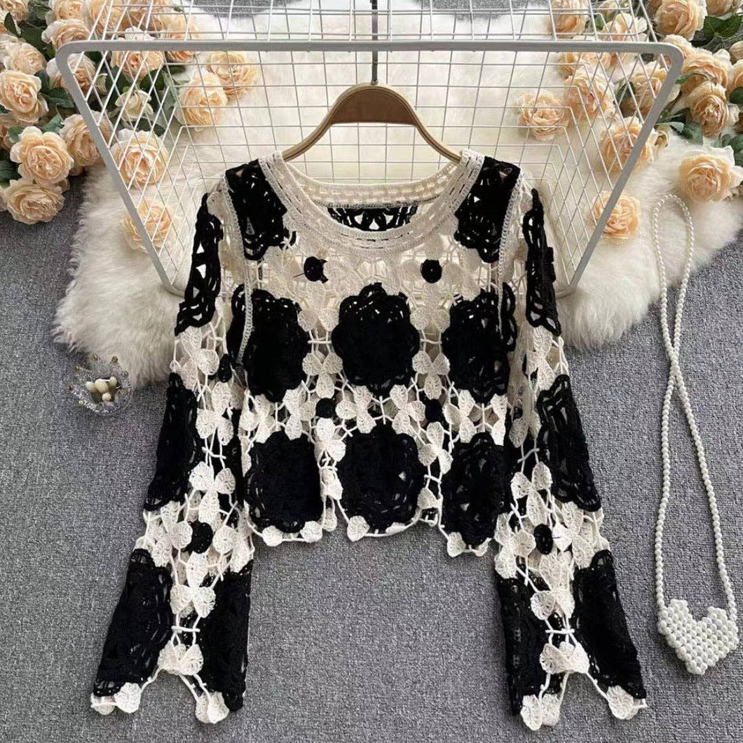 Crosa - Color Block Hollow Knit Long Sleeve Top - One Size