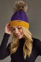 Load image into Gallery viewer, Purple &amp; Gold Trim Cable Knit Pom Hat