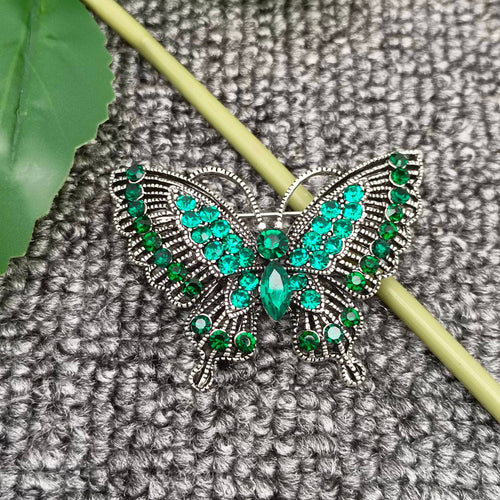 Vintage-look Green Rhinestone Butterfly Brooch