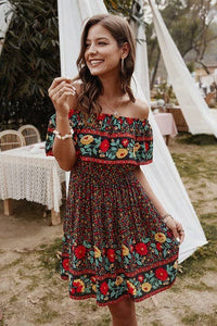 Boho Print Cut Ruffle Accented Pleated Short Dress