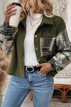 Load image into Gallery viewer, Jungle Green Ribbed Fleece Plaid Print Patchwork Button Up Jacket