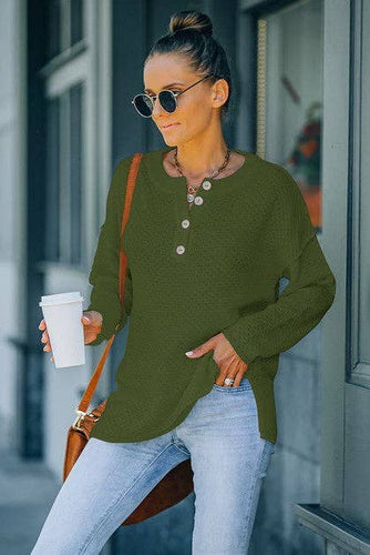 Round Neck Button Up Long Sleeve Top