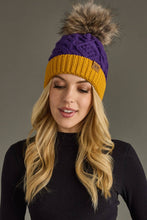 Load image into Gallery viewer, Purple &amp; Gold Trim Cable Knit Pom Hat
