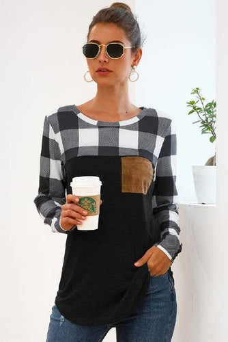 Plaid Long Sleeve Shirt Pocket Patchwork Shirt - Black