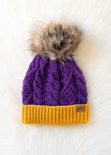 Load image into Gallery viewer, Purple &amp; Gold Trim Cable Knit Pom Hat