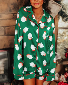 Green Santa Claus Print Satin Shirt And Shorts Pajama Set