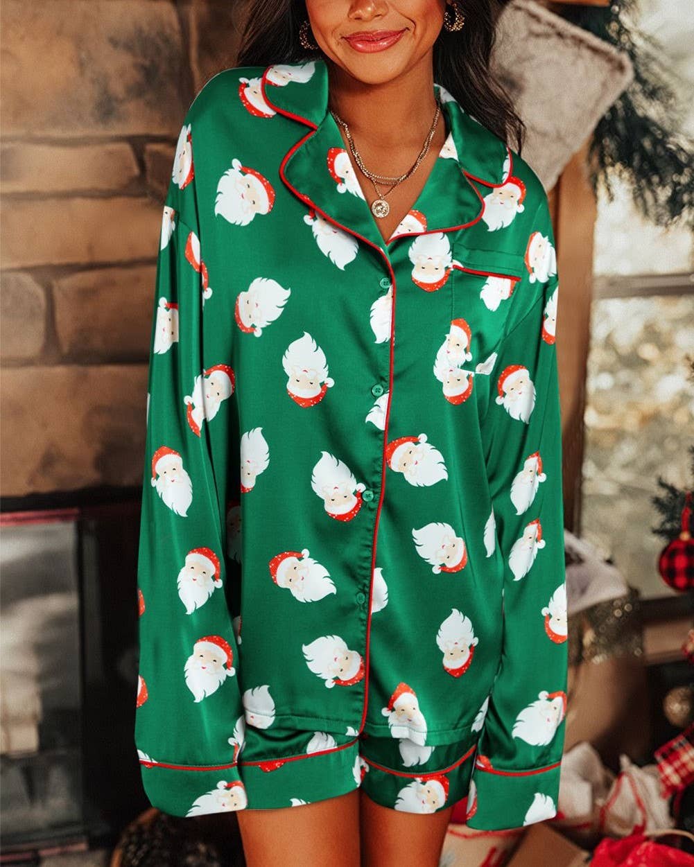 Green Santa Claus Print Satin Shirt And Shorts Pajama Set