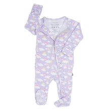 Load image into Gallery viewer, Lavender Rainbows and Clouds Ruffle Baby Footie