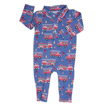 Load image into Gallery viewer, Blue Fire Truck Long-Sleeve Polo Romper