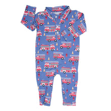 Load image into Gallery viewer, Blue Fire Truck Long-Sleeve Polo Romper