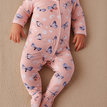 Load image into Gallery viewer, Pink Butterfly Daisy Bamboo Zipper Footie