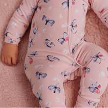 Load image into Gallery viewer, Pink Butterfly Daisy Bamboo Zipper Footie