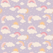 Load image into Gallery viewer, Lavender Rainbows and Clouds Ruffle Baby Footie