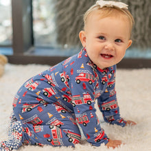 Load image into Gallery viewer, Blue Fire Truck Zipper Footie