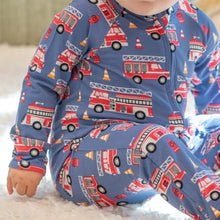 Load image into Gallery viewer, Blue Fire Truck Zipper Footie