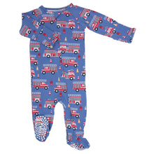 Load image into Gallery viewer, Blue Fire Truck Zipper Footie